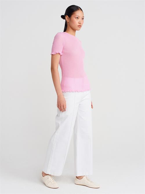 Wholesale Womens Pink Short-Sleeve Fine Knit Crew-Neck Blouse with Ruffled Trim