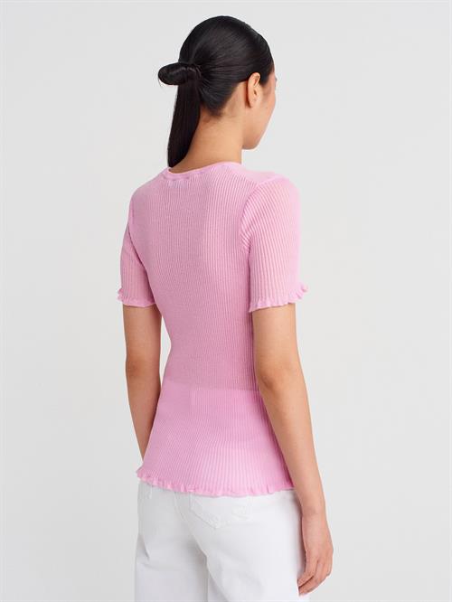Wholesale Womens Pink Short-Sleeve Fine Knit Crew-Neck Blouse with Ruffled Trim