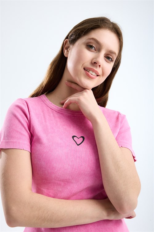 Wholesale Womens Pink Short-Sleeve Ribbed T-Shirt