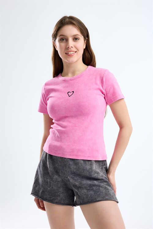 Wholesale Womens Pink Short-Sleeve Ribbed T-Shirt