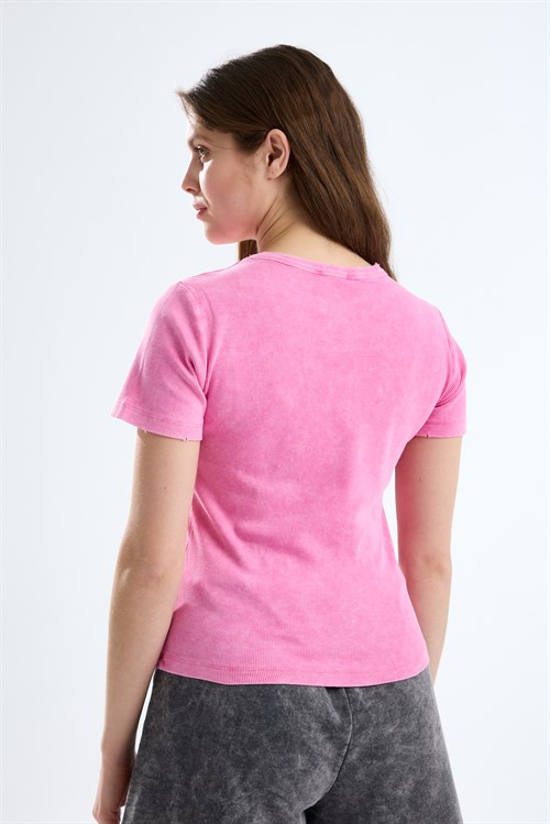 Wholesale Womens Pink Short-Sleeve Ribbed T-Shirt