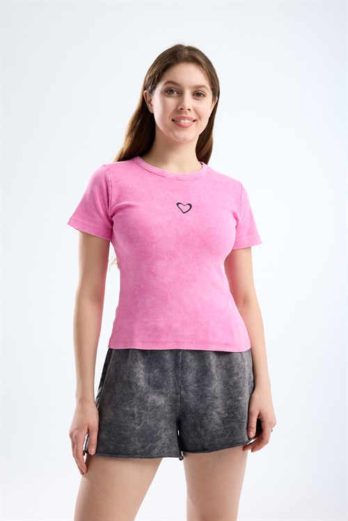 Wholesale Womens Pink Short-Sleeve Ribbed T-Shirt