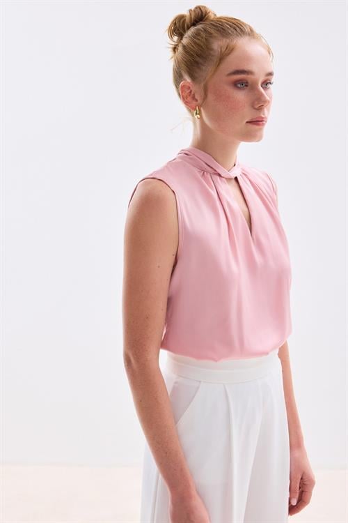 Wholesale Womens Pink Sleeveless Mock-Neck Satin Blouse