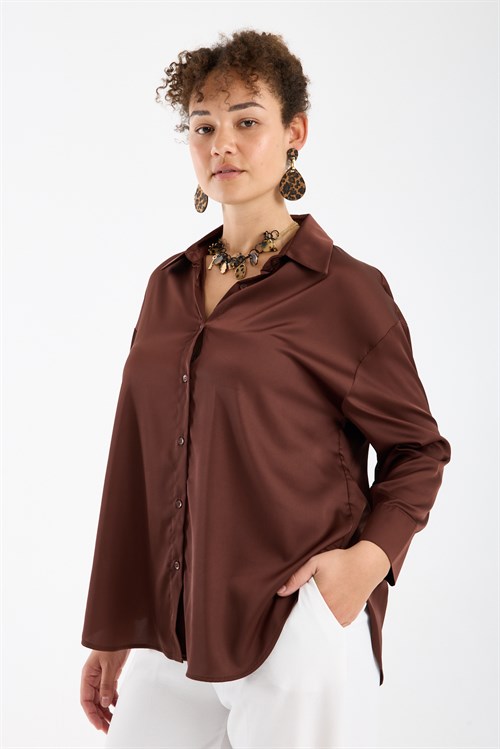Wholesale Womens Plus Size Brown Satin Long-Sleeve Shirt
