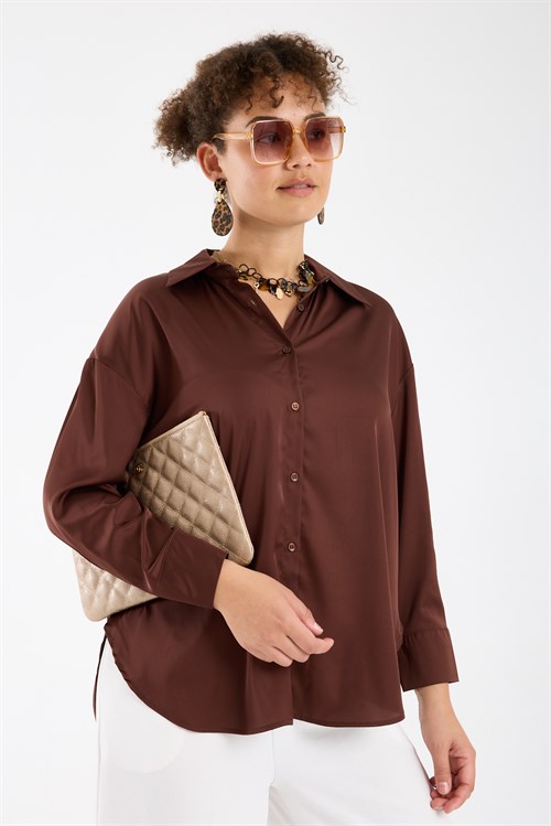 Wholesale Womens Plus Size Brown Satin Long-Sleeve Shirt