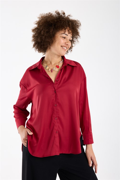 Wholesale Womens Plus Size Burgundy Satin Long-Sleeve Shirt