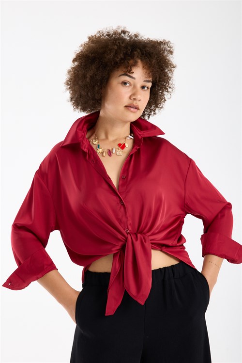 Wholesale Womens Plus Size Burgundy Satin Long-Sleeve Shirt