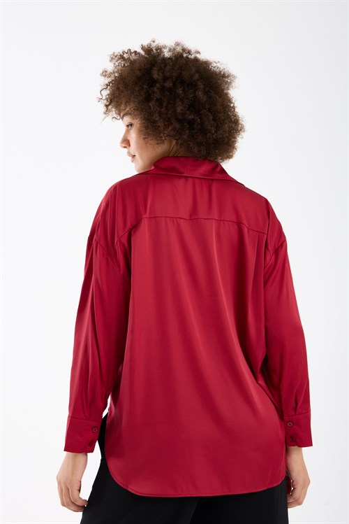 Wholesale Womens Plus Size Burgundy Satin Long-Sleeve Shirt
