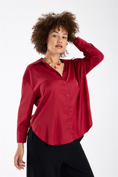 Wholesale Womens Plus Size Burgundy Satin Long-Sleeve Shirt