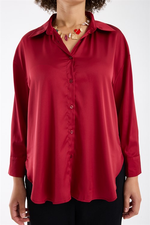 Wholesale Womens Plus Size Burgundy Satin Long-Sleeve Shirt