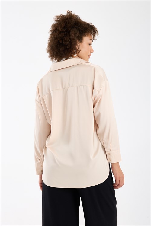 Wholesale Womens Plus Size Cream Satin Long-Sleeve Shirt