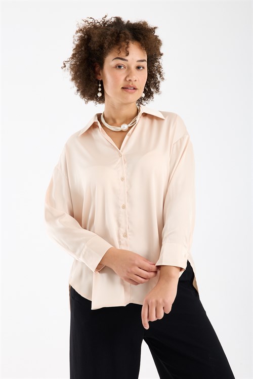 Wholesale Womens Plus Size Cream Satin Long-Sleeve Shirt