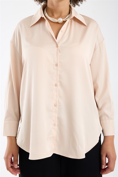 Wholesale Womens Plus Size Cream Satin Long-Sleeve Shirt