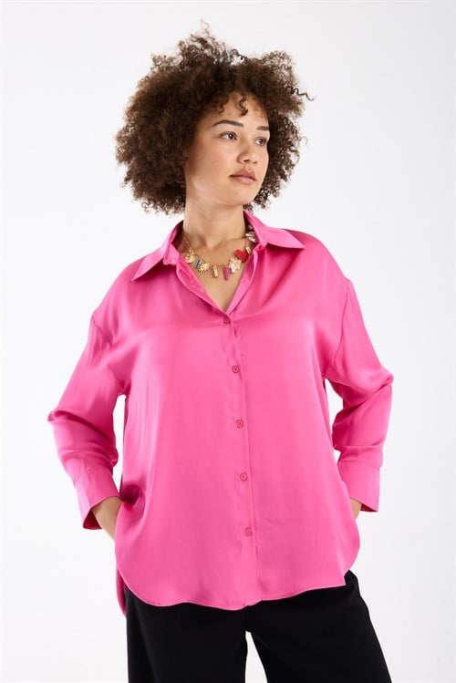 Wholesale Womens Plus Size Fuchsia Satin Long-Sleeve Shirt