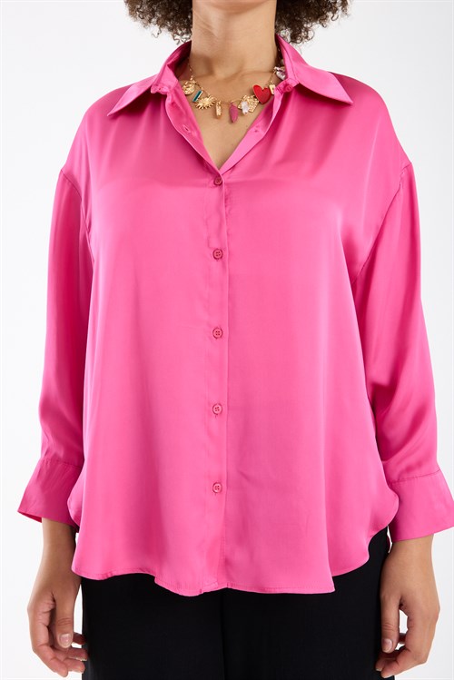 Wholesale Womens Plus Size Fuchsia Satin Long-Sleeve Shirt