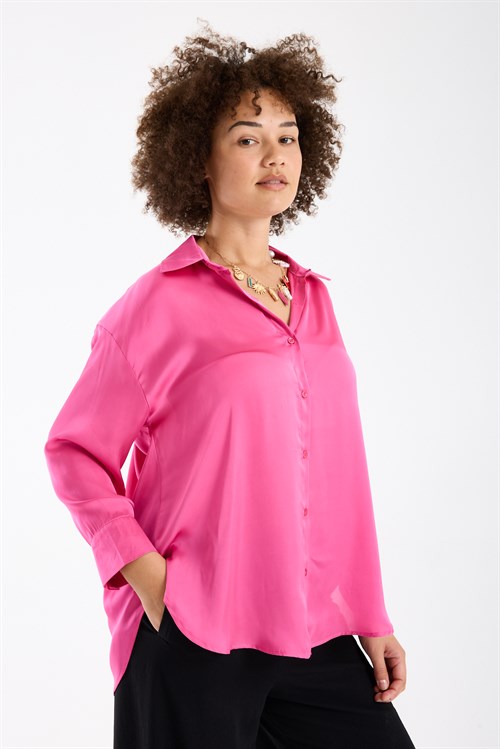 Wholesale Womens Plus Size Fuchsia Satin Long-Sleeve Shirt