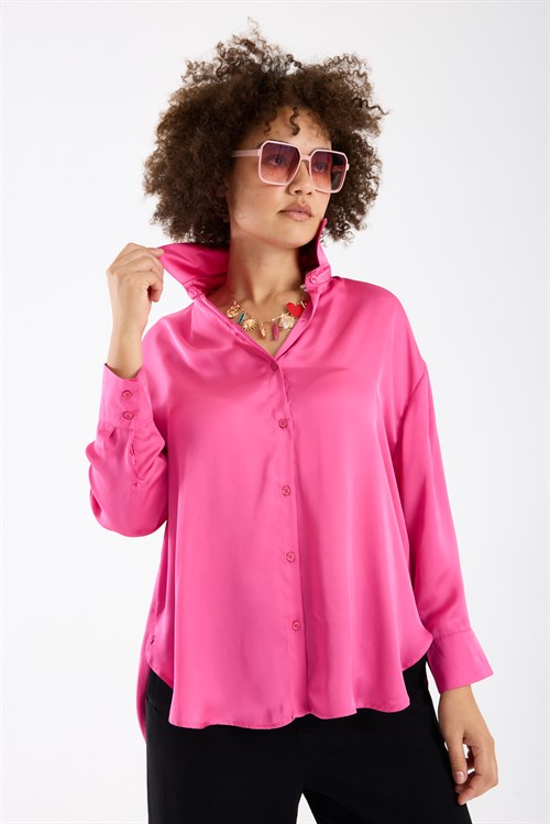 Wholesale Womens Plus Size Fuchsia Satin Long-Sleeve Shirt
