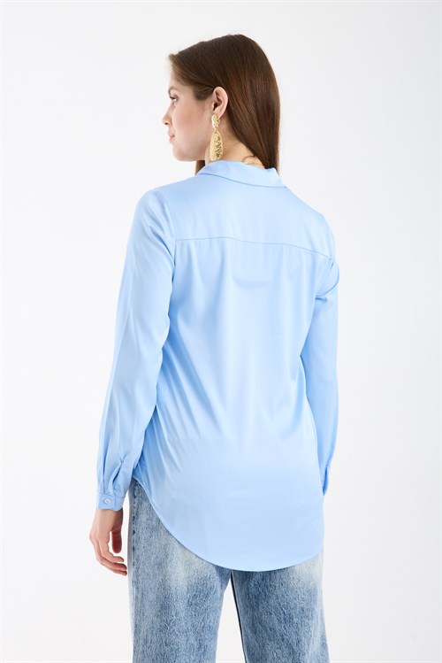 Wholesale Womens Plus Size Light Blue Satin Long-Sleeve Shirt