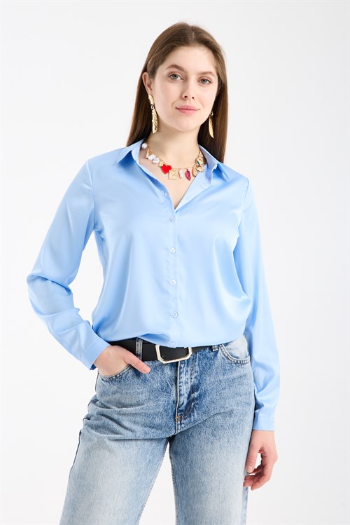 Wholesale Womens Plus Size Light Blue Satin Long-Sleeve Shirt