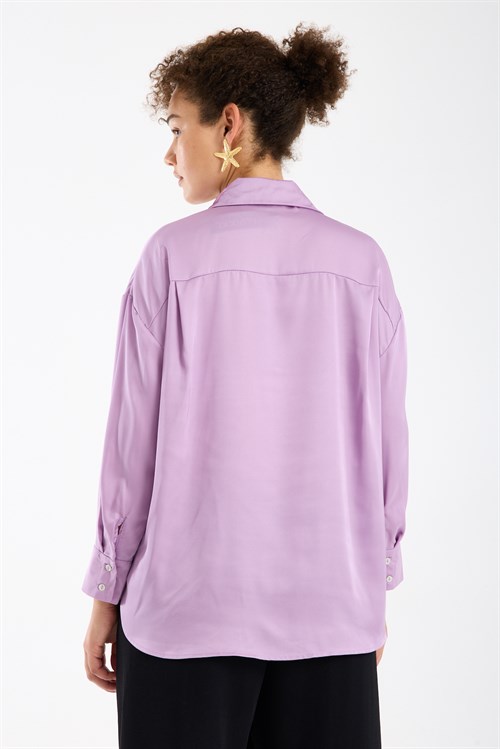 Wholesale Womens Plus Size Lilac Satin Long-Sleeve Shirt