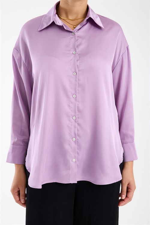Wholesale Womens Plus Size Lilac Satin Long-Sleeve Shirt