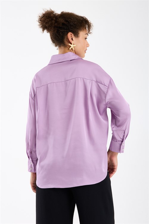 Wholesale Womens Plus Size Lilac Satin Long-Sleeve Shirt