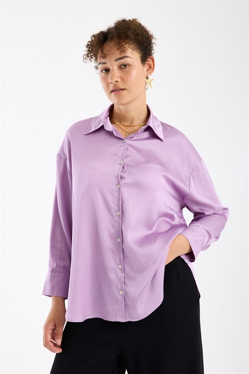 Wholesale Womens Plus Size Lilac Satin Long-Sleeve Shirt