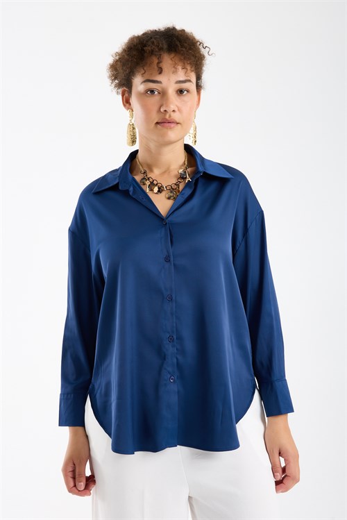 Wholesale Womens Plus Size Midnight Blue Satin Long-Sleeve Shirt
