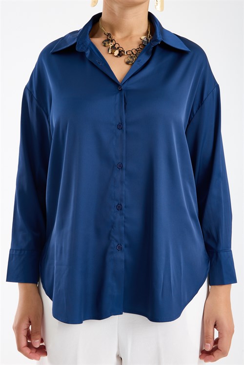 Wholesale Womens Plus Size Midnight Blue Satin Long-Sleeve Shirt