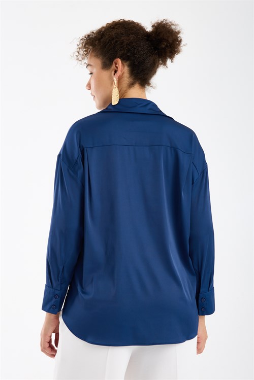 Wholesale Womens Plus Size Midnight Blue Satin Long-Sleeve Shirt