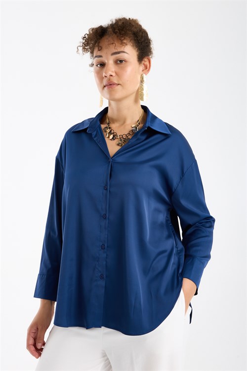 Wholesale Womens Plus Size Midnight Blue Satin Long-Sleeve Shirt