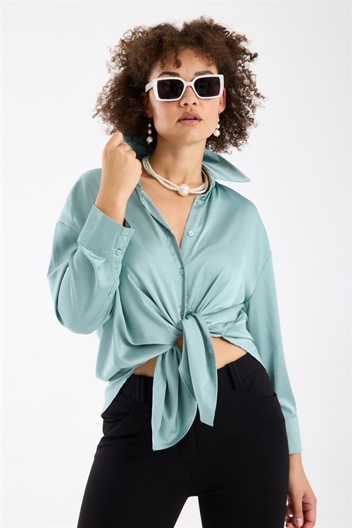 Wholesale Womens Plus Size Pastel Mint Satin Long-Sleeve Shirt