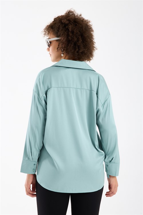 Wholesale Womens Plus Size Pastel Mint Satin Long-Sleeve Shirt
