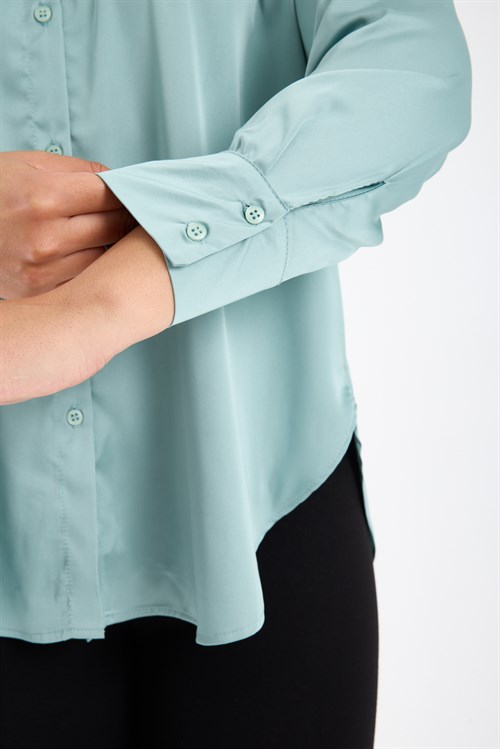 Wholesale Womens Plus Size Pastel Mint Satin Long-Sleeve Shirt