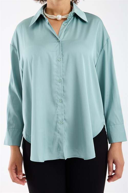Wholesale Womens Plus Size Pastel Mint Satin Long-Sleeve Shirt