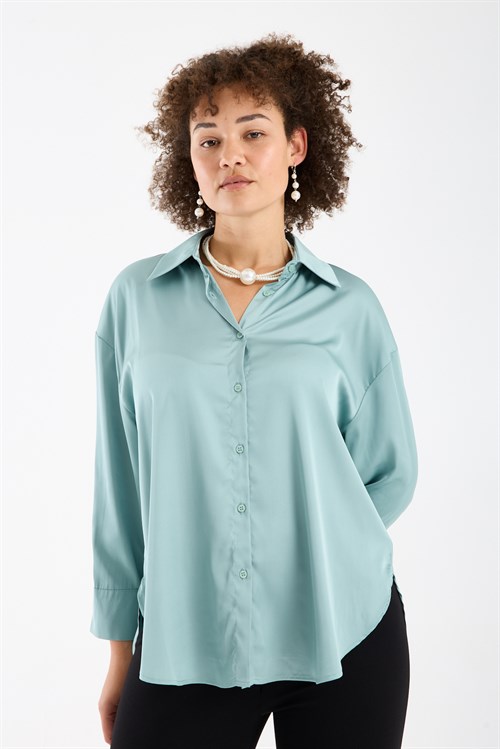Wholesale Womens Plus Size Pastel Mint Satin Long-Sleeve Shirt