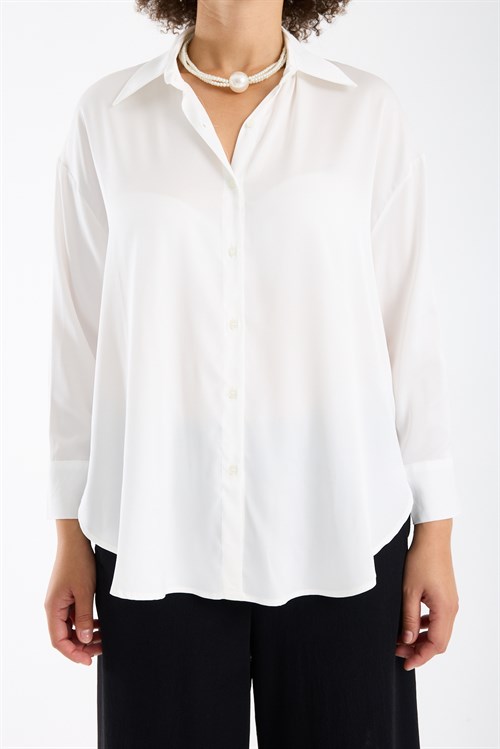 Wholesale Womens Plus Size White Satin Long-Sleeve Shirt