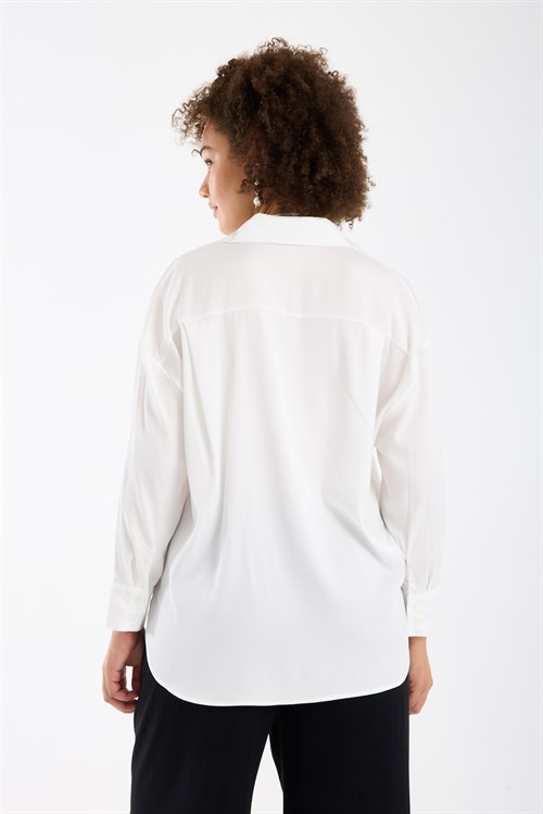 Wholesale Womens Plus Size White Satin Long-Sleeve Shirt