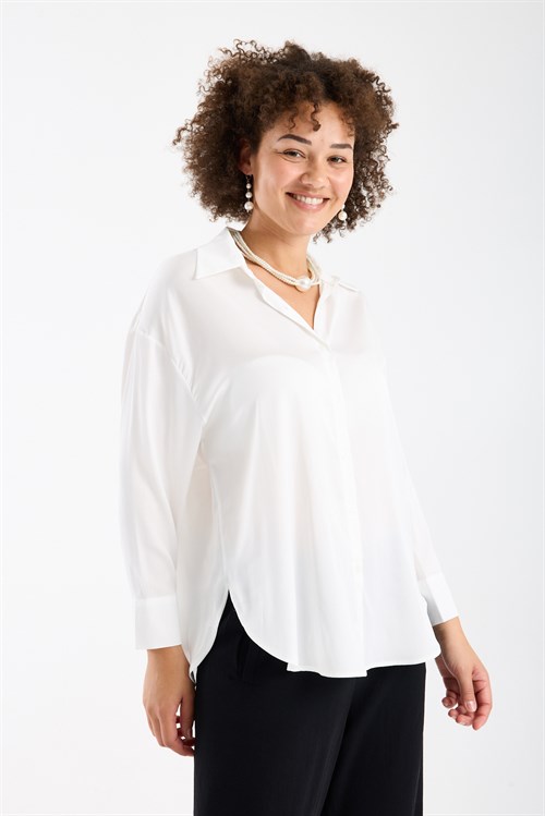 Wholesale Womens Plus Size White Satin Long-Sleeve Shirt