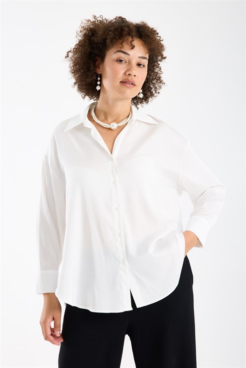 Wholesale Womens Plus Size White Satin Long-Sleeve Shirt