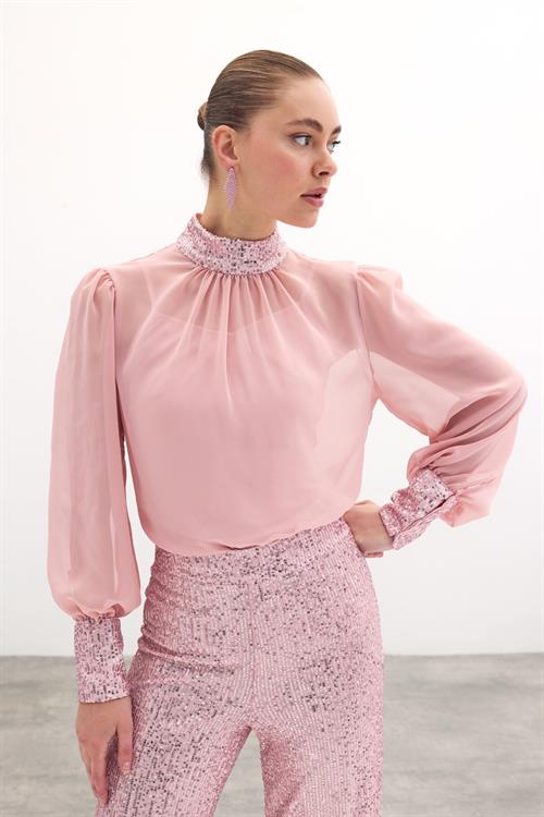 Wholesale Womens Powder Chiffon Blouse with Sequin-Embellished Collar and Cuffs