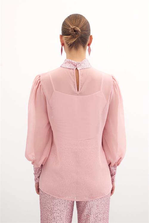 Wholesale Womens Powder Chiffon Blouse with Sequin-Embellished Collar and Cuffs