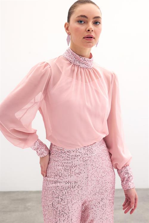 Wholesale Womens Powder Chiffon Blouse with Sequin-Embellished Collar and Cuffs