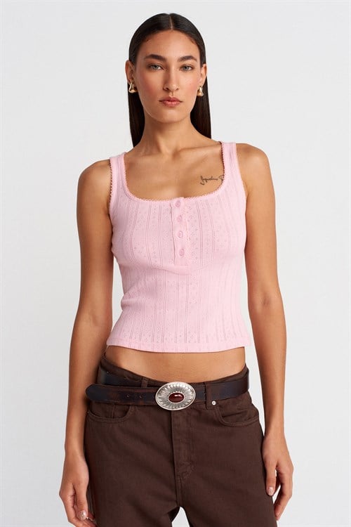 Wholesale Womens Powder Pink Button-Front Square-Neck Top