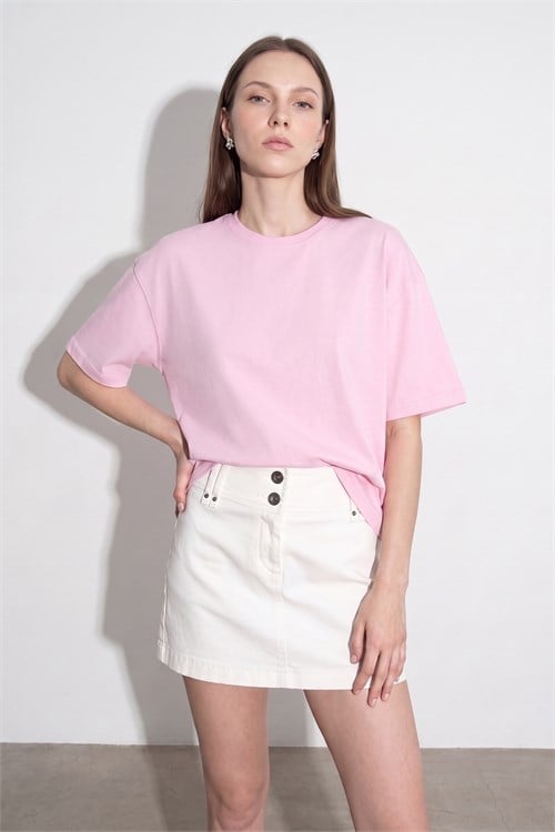 Wholesale Womens Powder Pink Crew-Neck Basic T-Shirt