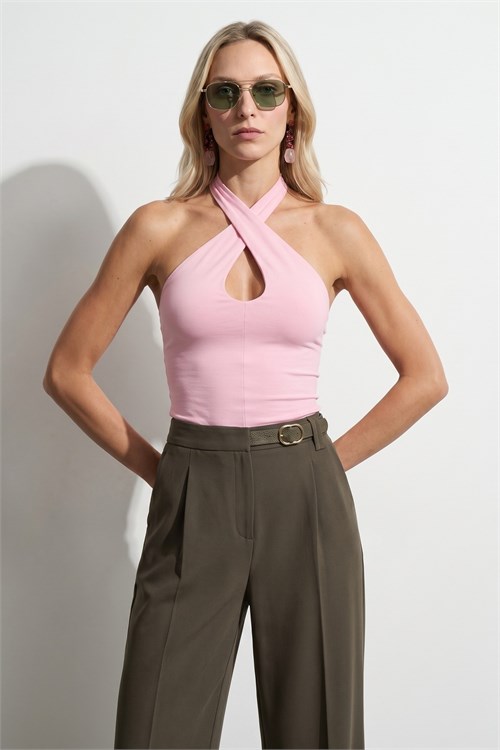 Wholesale Womens Powder Pink Cross-Front Halter Top