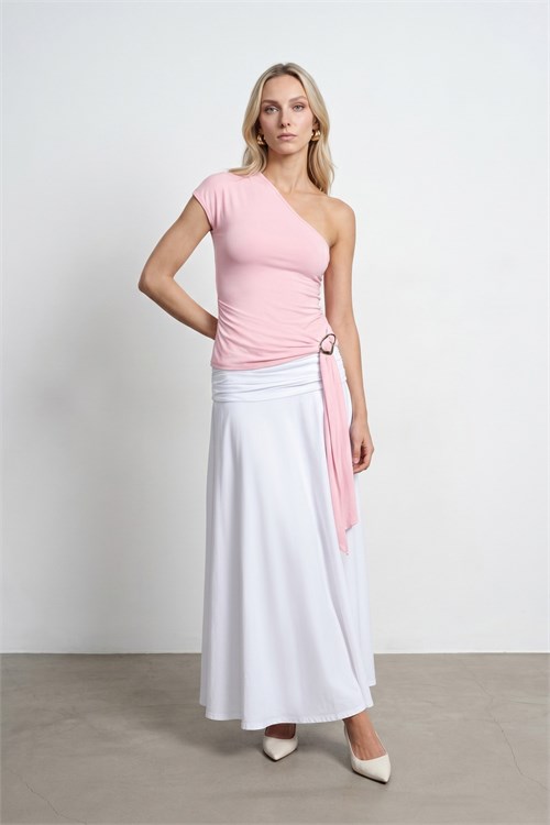 Wholesale Womens Powder Pink One-Shoulder Buckle-Detailed Draped Top