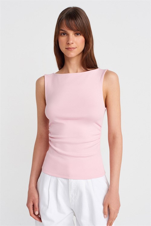 Wholesale Womens Powder Pink Side Gathered Boat-Neck Top
