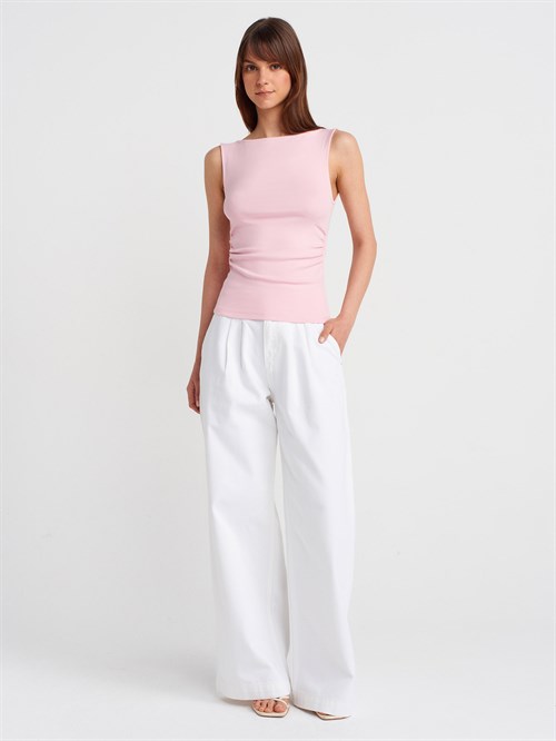 Wholesale Womens Powder Pink Side Gathered Boat-Neck Top