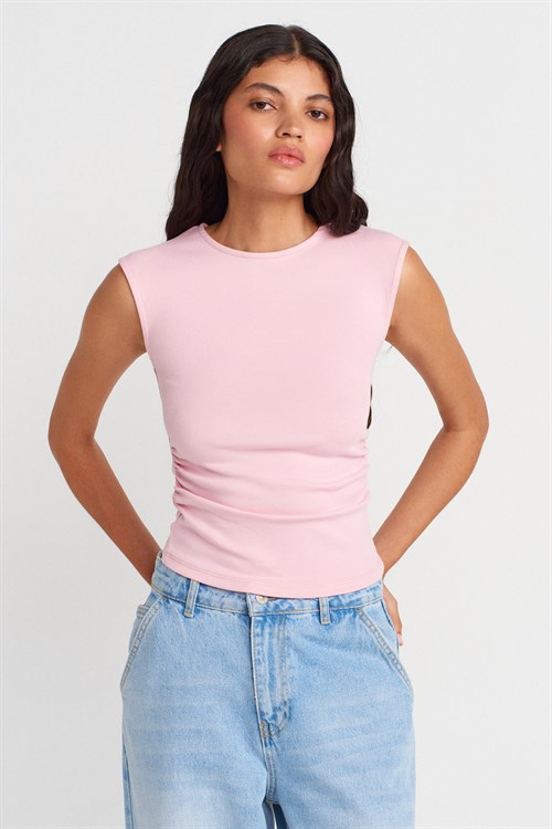 Wholesale Womens Powder Pink Side Gathered T-Shirt